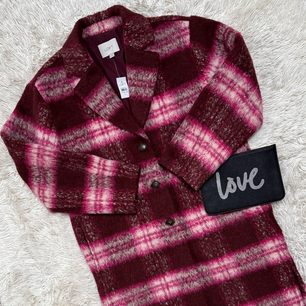 🎉HP🎉 Loft Plaid Boucle Coat 💗 Magenta & Pink